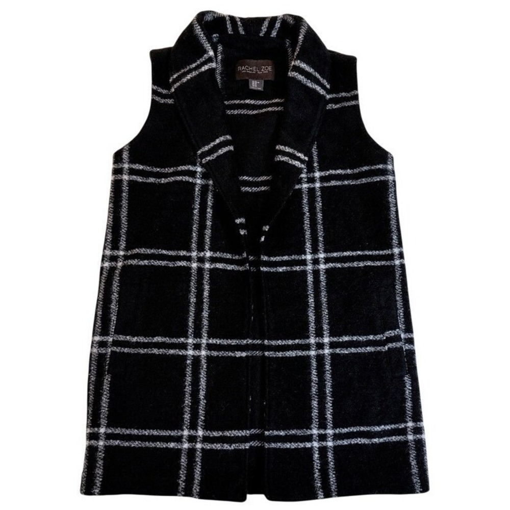 Rachel Zoe Vest Women XS Black Plaid Wool Blend Shawl Collar Pockets - Picture 2 of 10